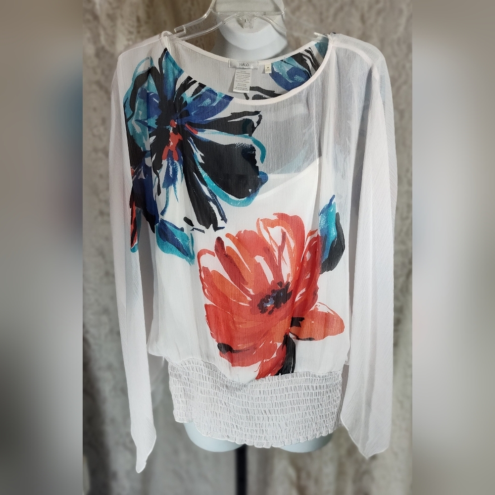 Halo Blue Orange Sheet Graphic Relaxed Blouse NWOT